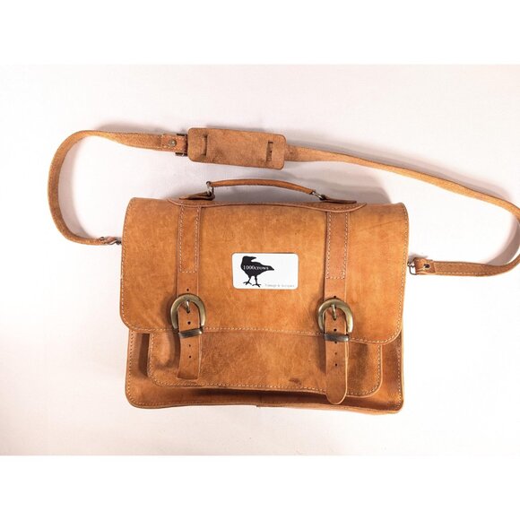 Vintage caramel brown saddle leather messenger bag, smaller laptop bag - Picture 2 of 9